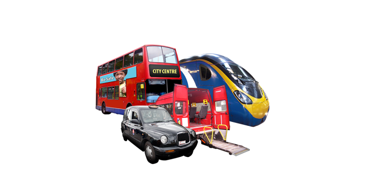 Public transport vehicles including a bus, taxi, train and accessible mini bus.