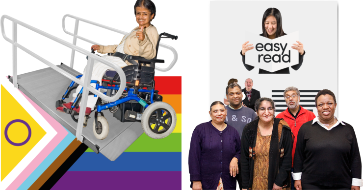 Person in wheelchair going up a ramp. Progress pride flag. Easy read symbol. Group of five people from different ethnic backgrounds.