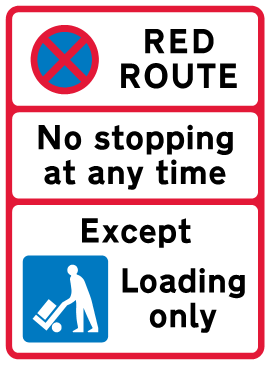 A white sign outlined in red. Black text reads 'Red Route. No stopping at any time except loading only'