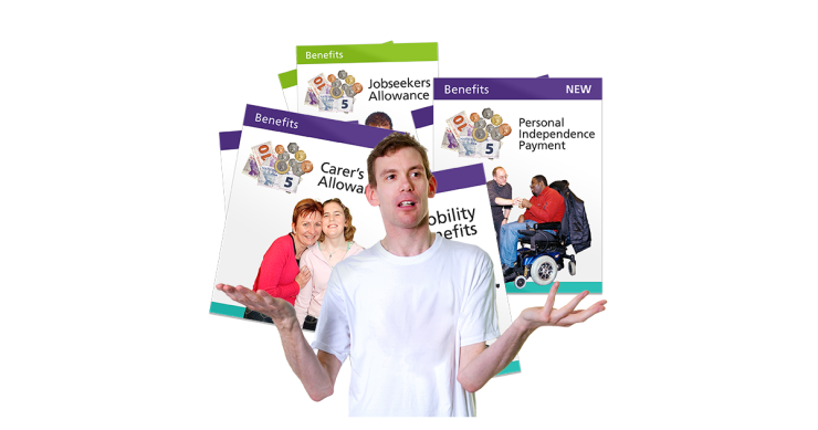 Person surrounded by leaflets about the types of benefits you might be able to get.