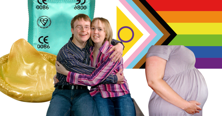 Composite image of a condom, two people in a relationship, the LGBTQ+ flag and a pregnant person.