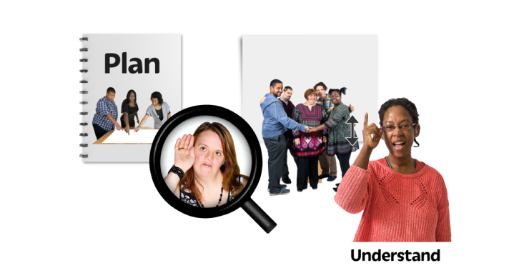 Plan. magnifying glass with woman listening. Understand in BSL. Group of people keeping a woman safe.