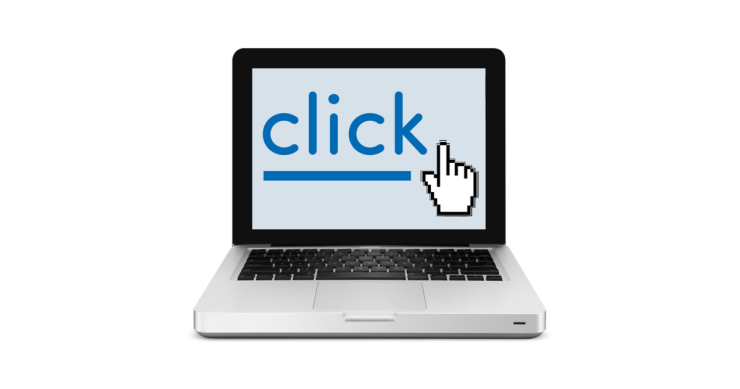 Laptop with a screen that says 'click'.