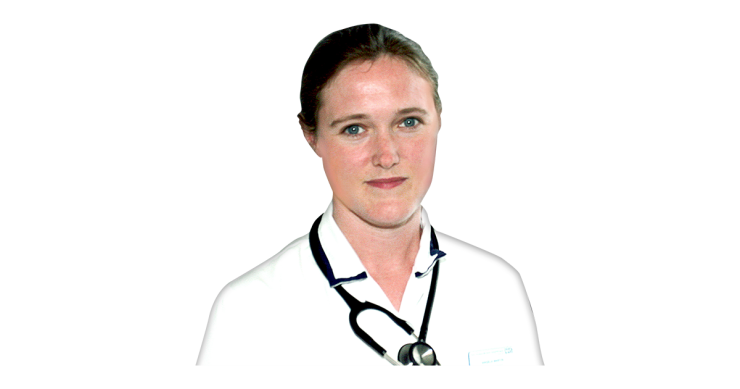 Female doctor with white shirt and stethoscope.