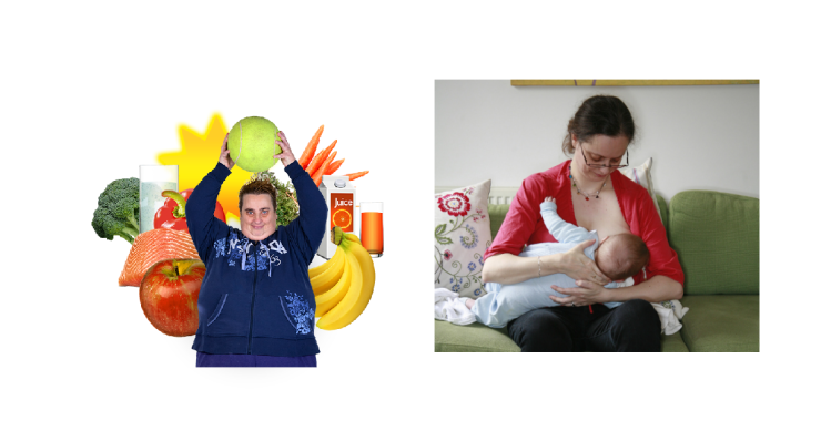 Person holding up a piece of fruit, surrounded by healthy food. Woman breastfeeding a child.