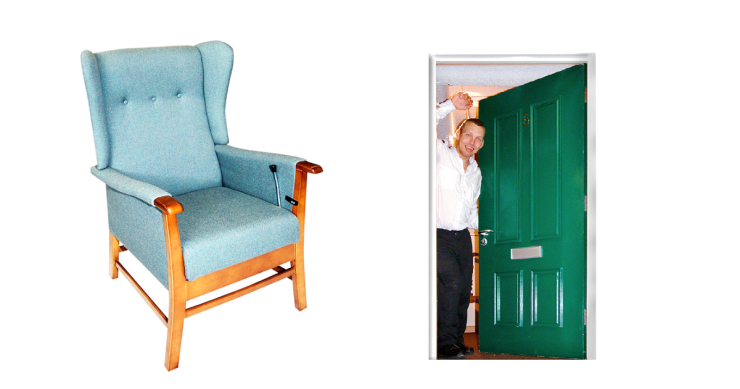 Blue arm chair. Man standing with green front door open.