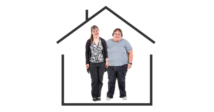 Two women standing inside a house outline.