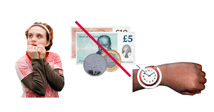 Woman looking scared. Money with a red line through it. arm with wrist watch and arrow