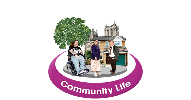 People surrounded by community symbols such as trees, a church and a house.