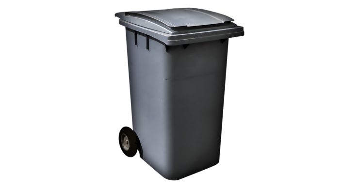 Grey wheeled dustbin with a hinged lid.