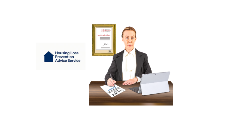 Housing Loss prevention advice service logo and a female solicitor sitting at a desk and writing.